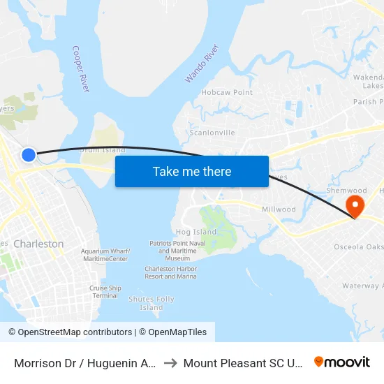 Morrison Dr / Huguenin Ave to Mount Pleasant SC USA map