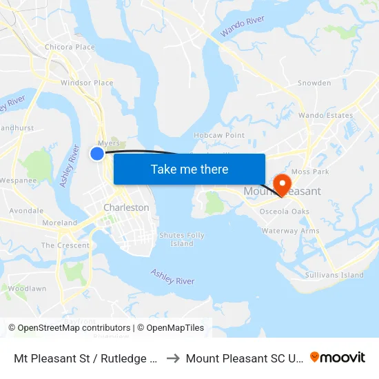 Mt Pleasant St / Rutledge Ave to Mount Pleasant SC USA map