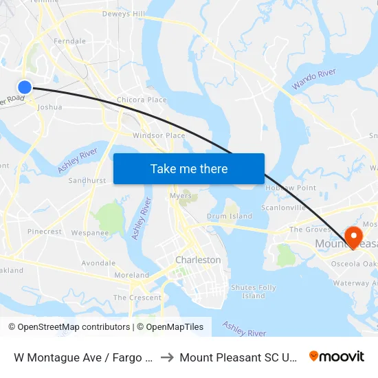 W Montague Ave / Fargo St to Mount Pleasant SC USA map