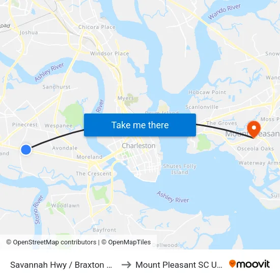 Savannah Hwy / Braxton Ave to Mount Pleasant SC USA map