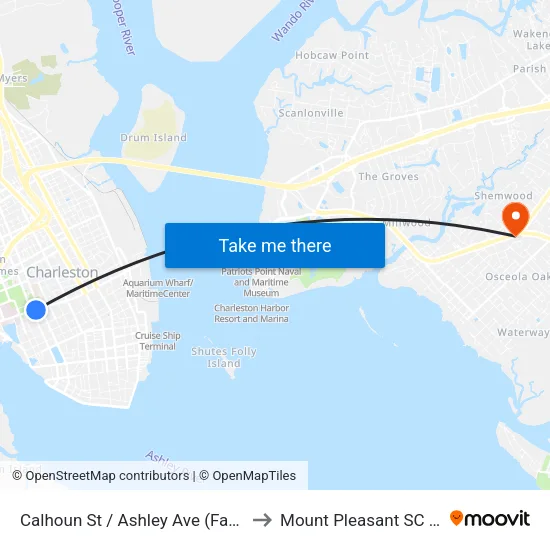 Calhoun St / Ashley Ave (Farside) to Mount Pleasant SC USA map