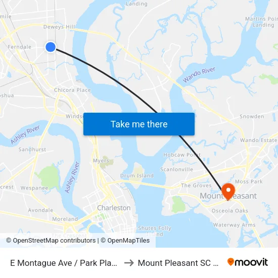 E Montague Ave / Park Place E to Mount Pleasant SC USA map