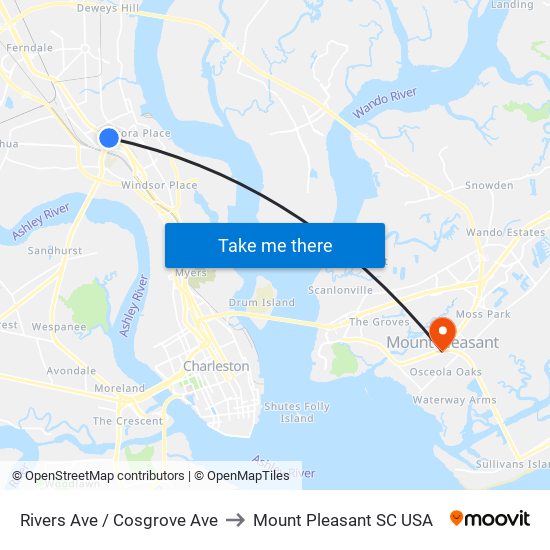 Rivers Ave / Cosgrove Ave to Mount Pleasant SC USA map