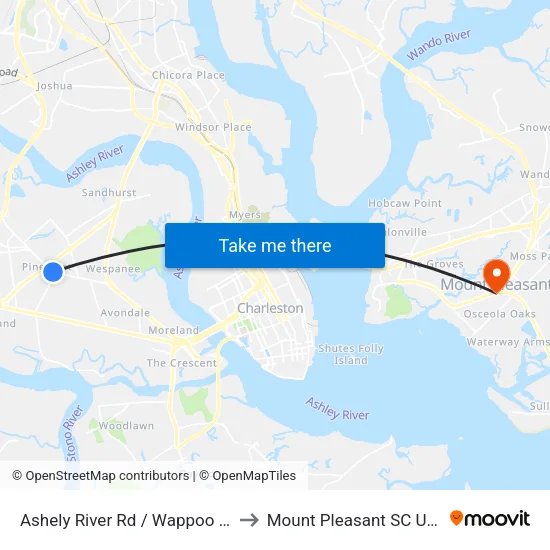 Ashely River Rd / Wappoo Rd to Mount Pleasant SC USA map