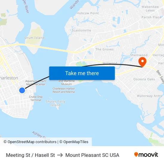 Meeting St / Hasell St to Mount Pleasant SC USA map