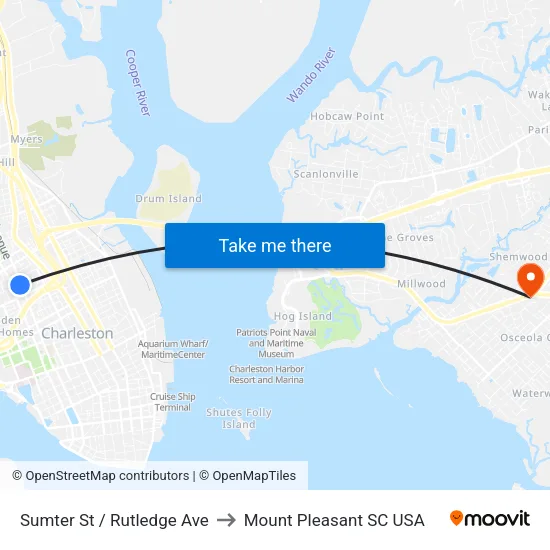 Sumter St / Rutledge Ave to Mount Pleasant SC USA map