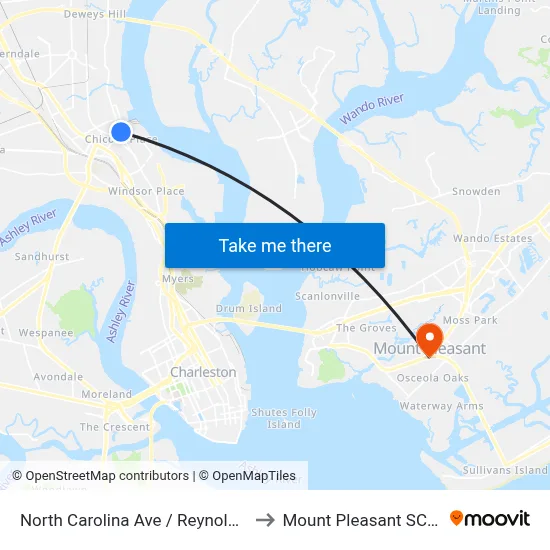 North Carolina Ave / Reynolds Ave to Mount Pleasant SC USA map