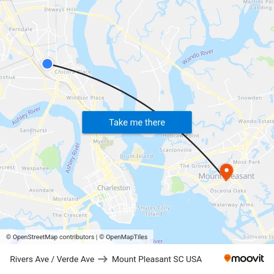 Rivers Ave / Verde Ave to Mount Pleasant SC USA map