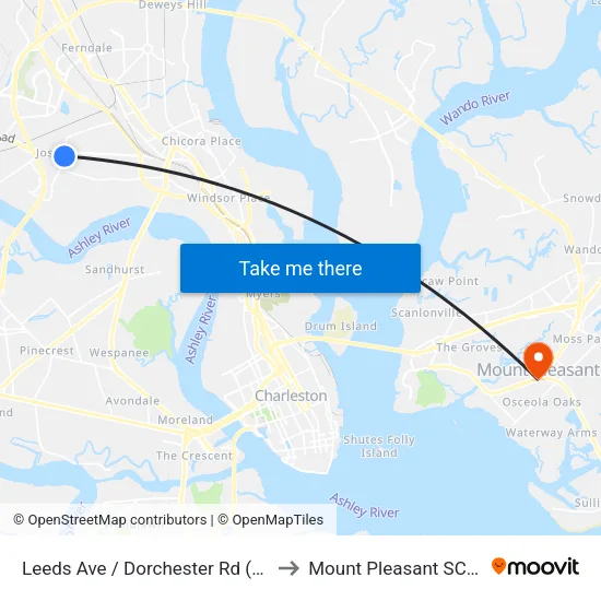 Leeds Ave / Dorchester Rd (Carta) to Mount Pleasant SC USA map