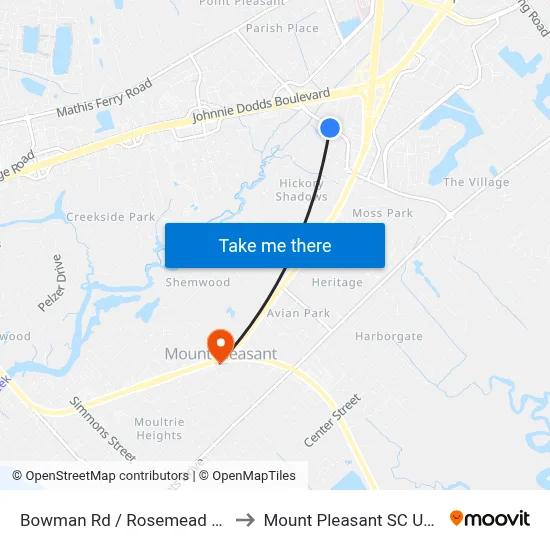 Bowman Rd / Rosemead Rd to Mount Pleasant SC USA map