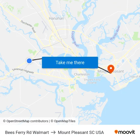 Bees Ferry Rd Walmart to Mount Pleasant SC USA map