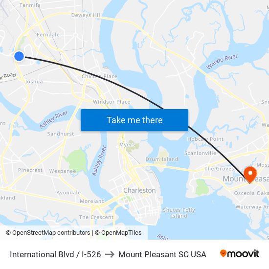 International Blvd / I-526 to Mount Pleasant SC USA map