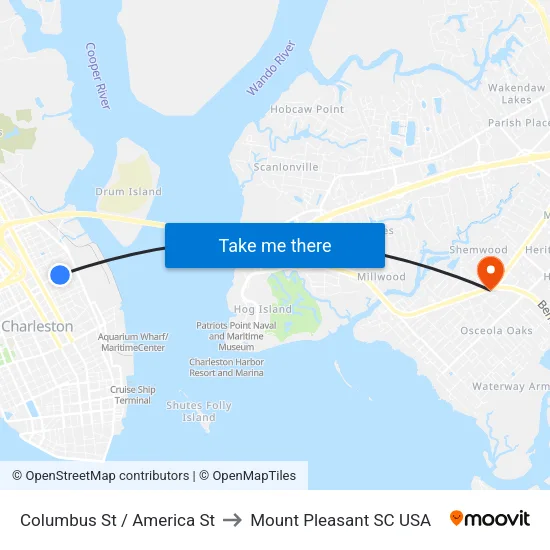 Columbus St / America St to Mount Pleasant SC USA map