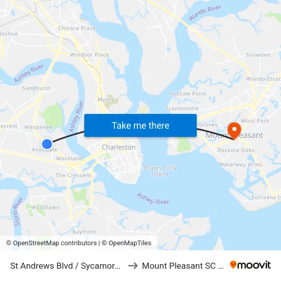 St Andrews Blvd / Sycamore Ave to Mount Pleasant SC USA map