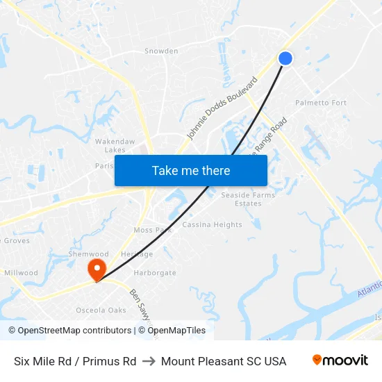 Six Mile Rd / Primus Rd to Mount Pleasant SC USA map