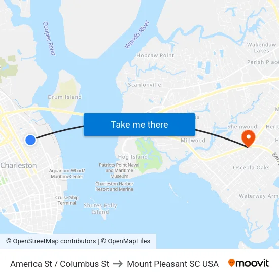 America St / Columbus St to Mount Pleasant SC USA map