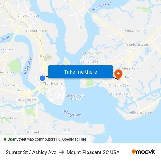 Sumter St / Ashley Ave to Mount Pleasant SC USA map