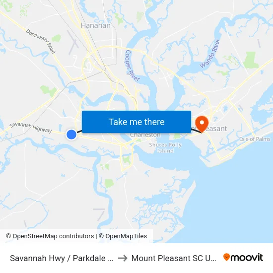 Savannah Hwy / Parkdale Dr to Mount Pleasant SC USA map