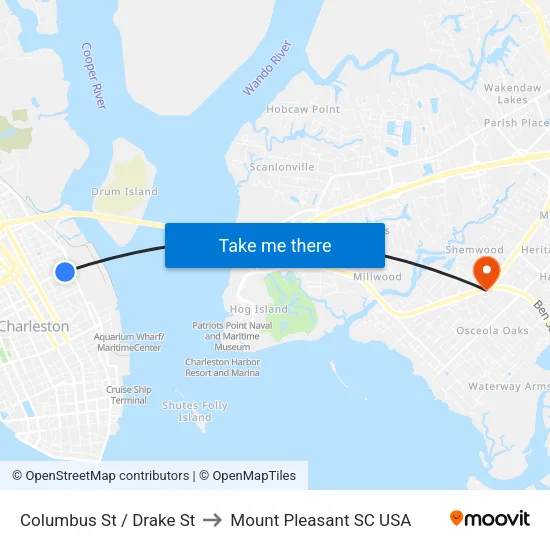 Columbus St / Drake St to Mount Pleasant SC USA map
