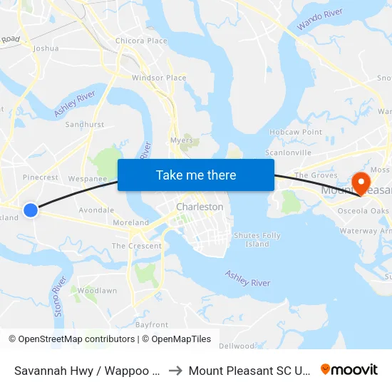 Savannah Hwy / Wappoo Rd to Mount Pleasant SC USA map