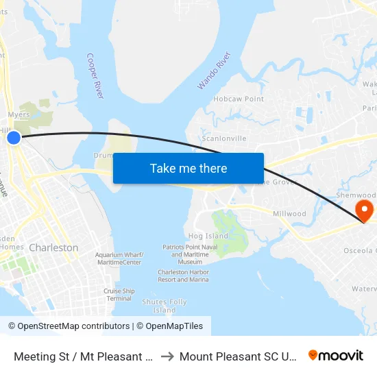 Meeting St / Mt Pleasant St to Mount Pleasant SC USA map
