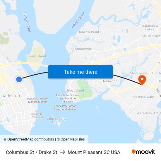 Columbus St / Drake St to Mount Pleasant SC USA map