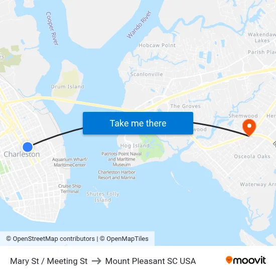 Mary St / Meeting St to Mount Pleasant SC USA map