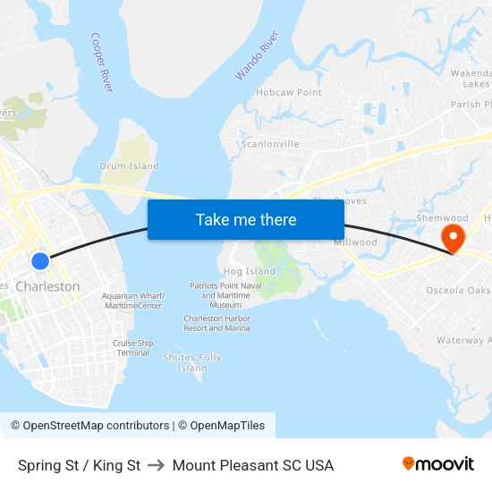 Spring St / King St to Mount Pleasant SC USA map