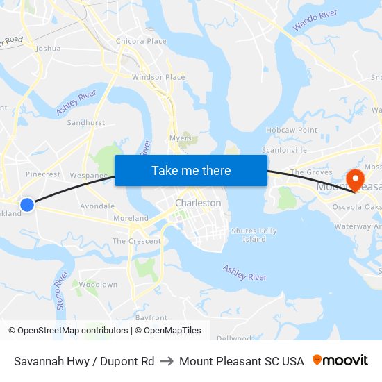 Savannah Hwy / Dupont Rd to Mount Pleasant SC USA map