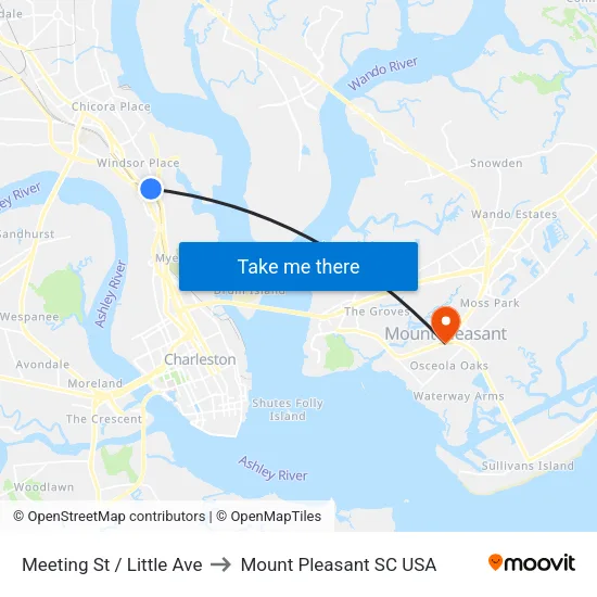 Meeting St / Little Ave to Mount Pleasant SC USA map