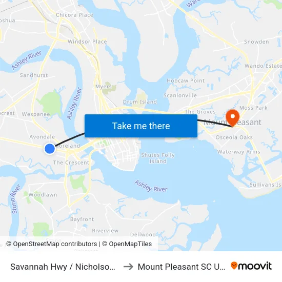 Savannah Hwy / Nicholson St to Mount Pleasant SC USA map