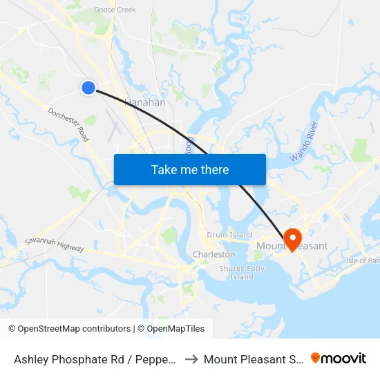 Ashley Phosphate Rd / Pepperdam Ave to Mount Pleasant SC USA map
