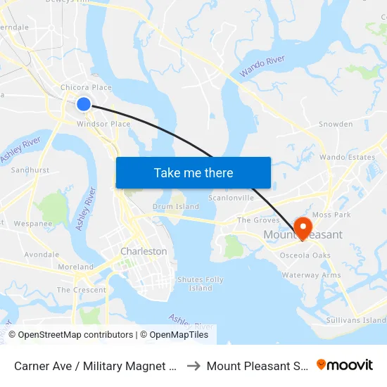 Carner Ave / Military Magnet Academy to Mount Pleasant SC USA map