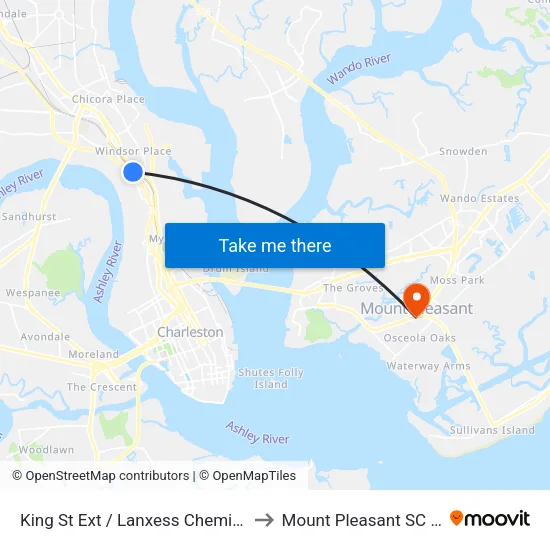King St Ext / Lanxess Chemical Dr to Mount Pleasant SC USA map