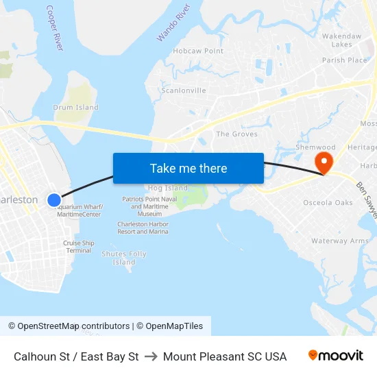 Calhoun St / East Bay St to Mount Pleasant SC USA map