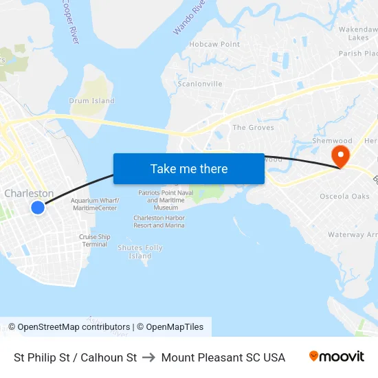 St Philip St / Calhoun St to Mount Pleasant SC USA map