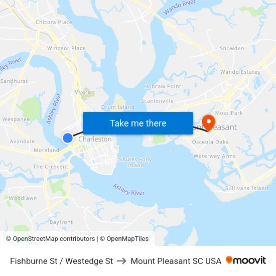 Fishburne St / Westedge St to Mount Pleasant SC USA map