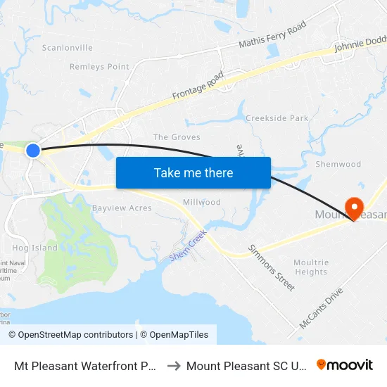 Mt Pleasant Waterfront Park to Mount Pleasant SC USA map