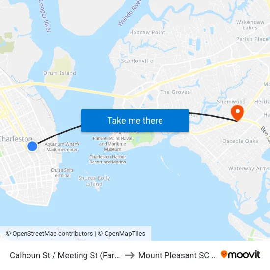 Calhoun St / Meeting St (Far Side) to Mount Pleasant SC USA map