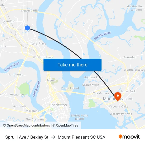 Spruill Ave / Bexley St to Mount Pleasant SC USA map