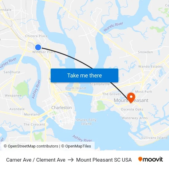 Carner Ave / Clement Ave to Mount Pleasant SC USA map