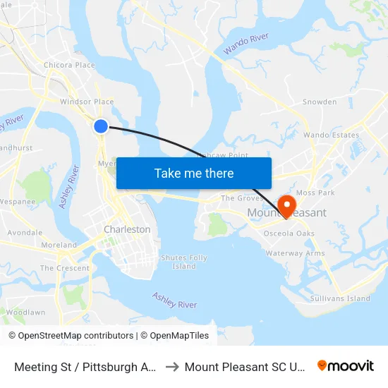Meeting St / Pittsburgh Ave to Mount Pleasant SC USA map