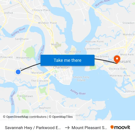 Savannah Hwy / Parkwood Estates Dr to Mount Pleasant SC USA map