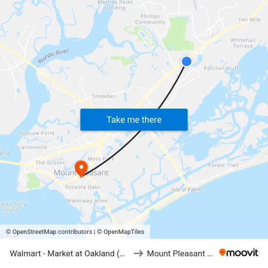 Walmart - Market at Oakland (Park & Ride) to Mount Pleasant SC USA map