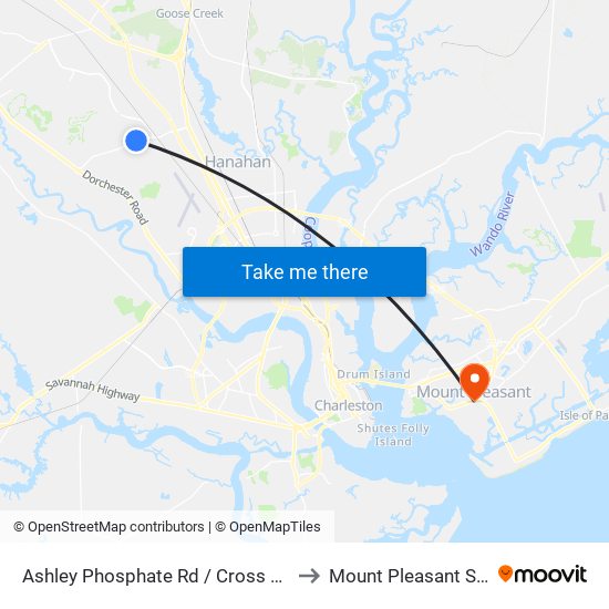 Ashley Phosphate Rd / Cross County Rd to Mount Pleasant SC USA map