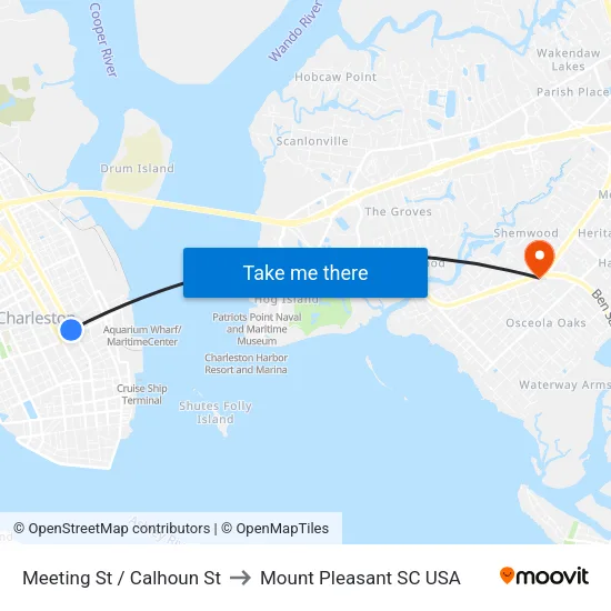 Meeting St / Calhoun St to Mount Pleasant SC USA map
