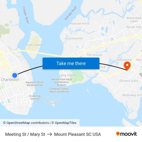 Meeting St / Mary St to Mount Pleasant SC USA map