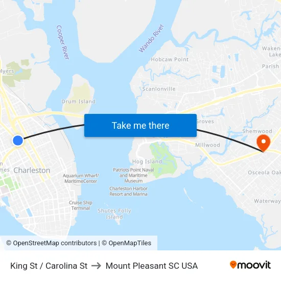 King St / Carolina St to Mount Pleasant SC USA map