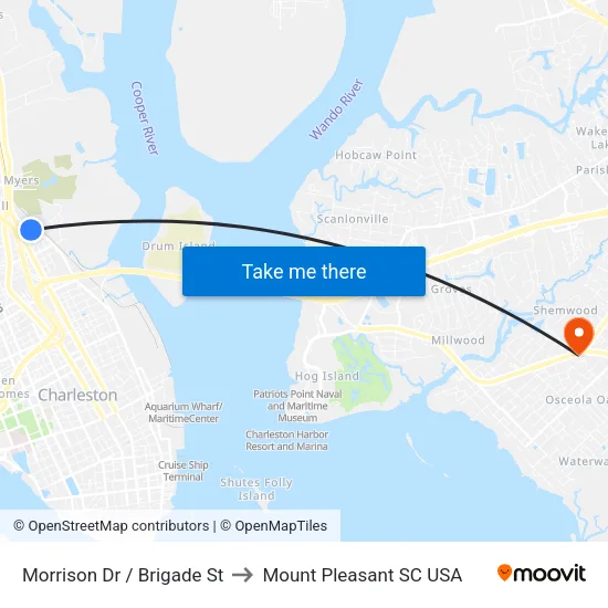 Morrison Dr / Brigade St to Mount Pleasant SC USA map