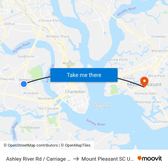 Ashley River Rd / Carriage Ln to Mount Pleasant SC USA map